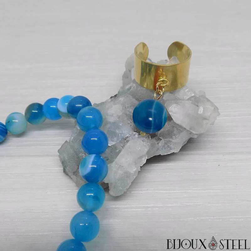 Bague large ajustable à perle d'agate bleue teintée