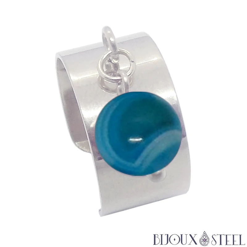 Bague large ajustable à perle d'agate bleue teintée