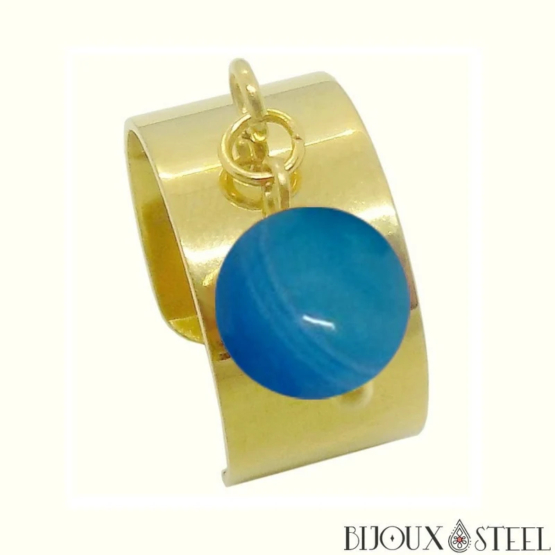 Bague large ajustable à perle d'agate bleue teintée
