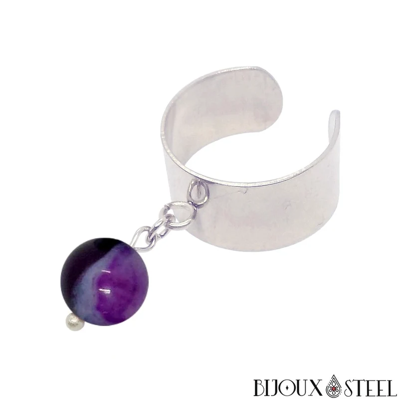 Bague large ajustable à perle d'agate violette teintée