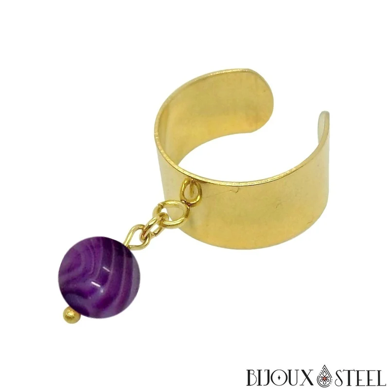 Bague large ajustable à perle d'agate violette teintée