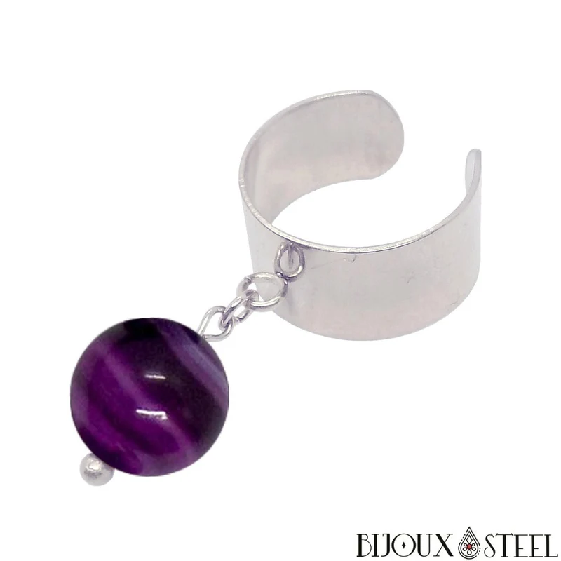 Bague large ajustable à perle d'agate violette teintée