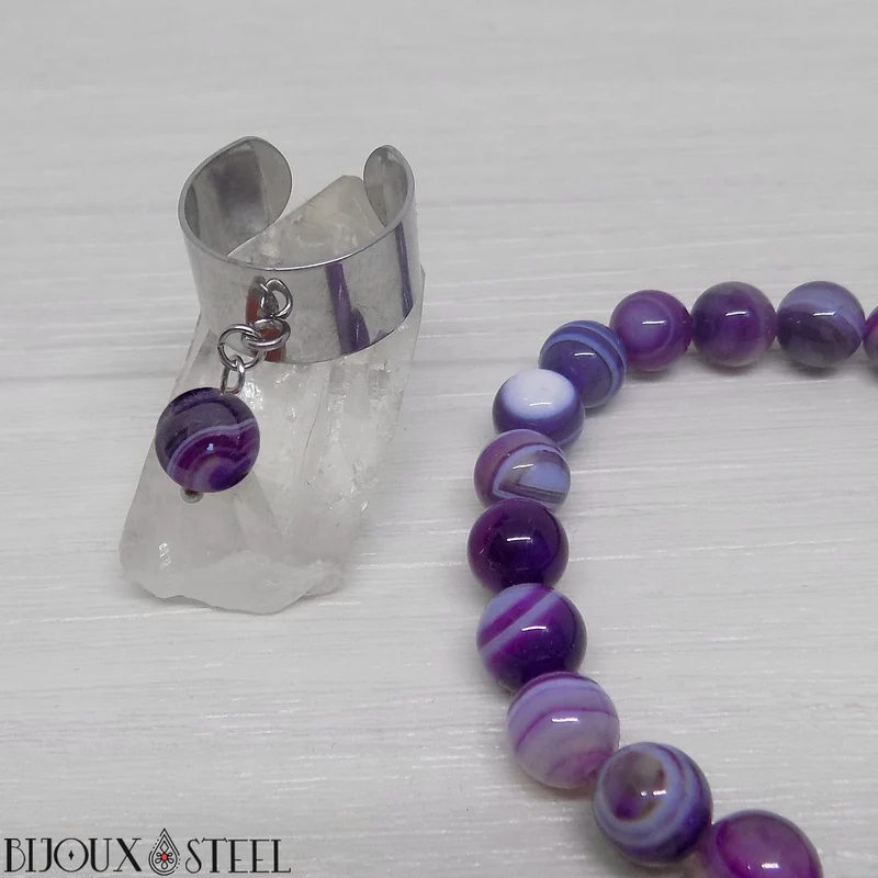 Bague large ajustable à perle d'agate violette teintée