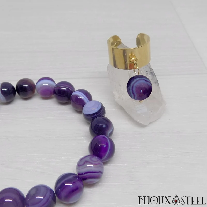 Bague large ajustable à perle d'agate violette teintée