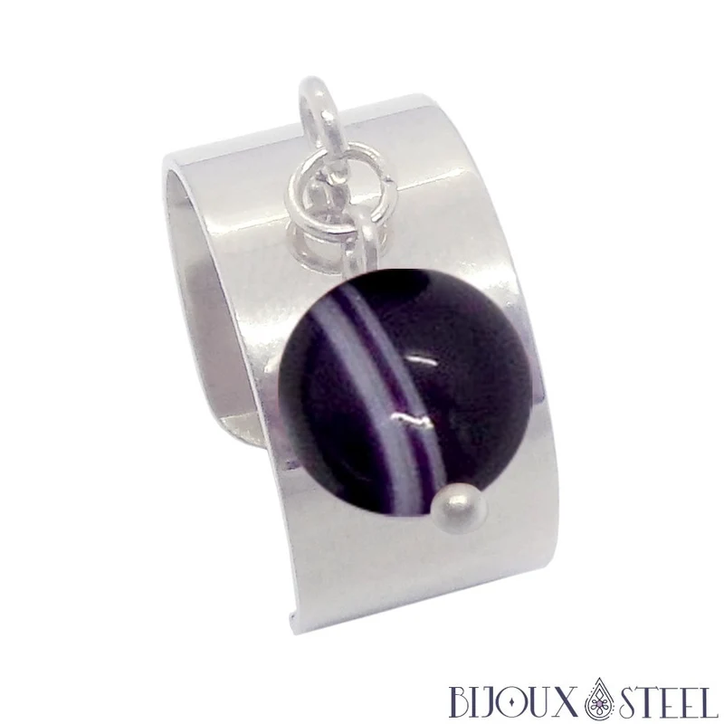 Bague large ajustable à perle d'agate violette teintée