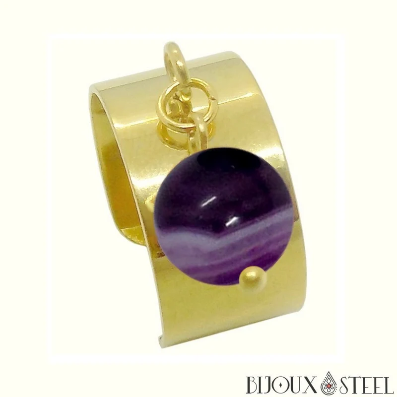 Bague large ajustable à perle d'agate violette teintée