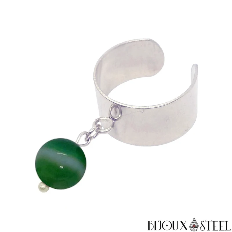 Bague large ajustable à perle d'agate verte teintée