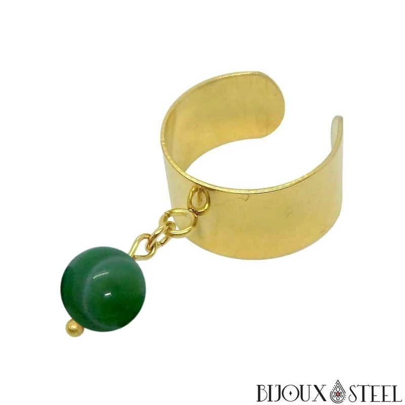 Bague large ajustable à perle d'agate verte teintée
