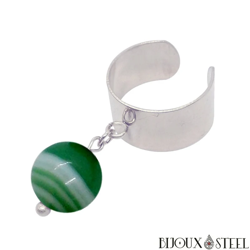 Bague large ajustable à perle d'agate verte teintée