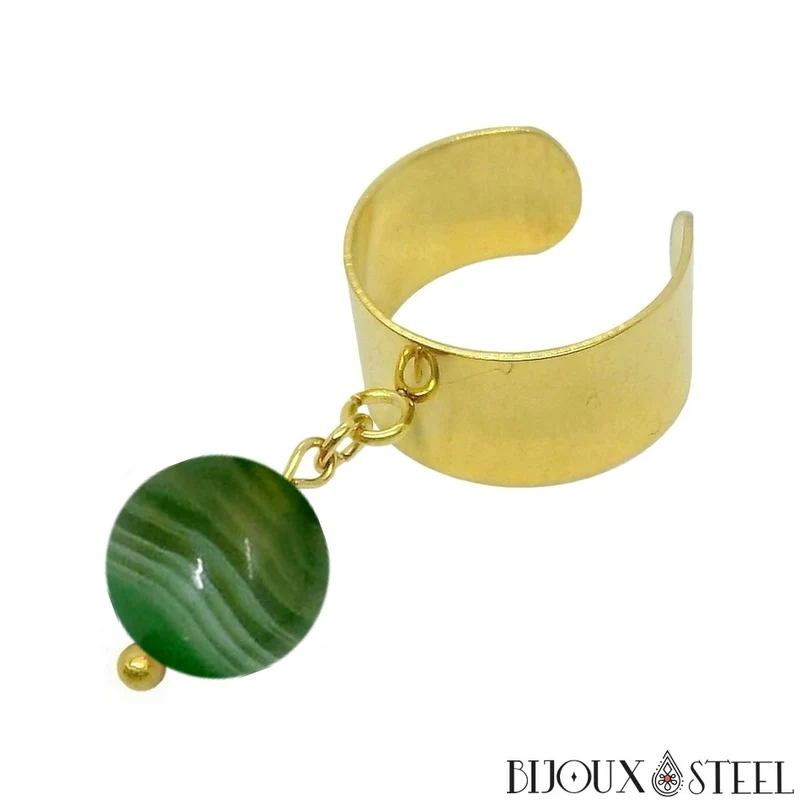 Bague large ajustable à perle d'agate verte teintée