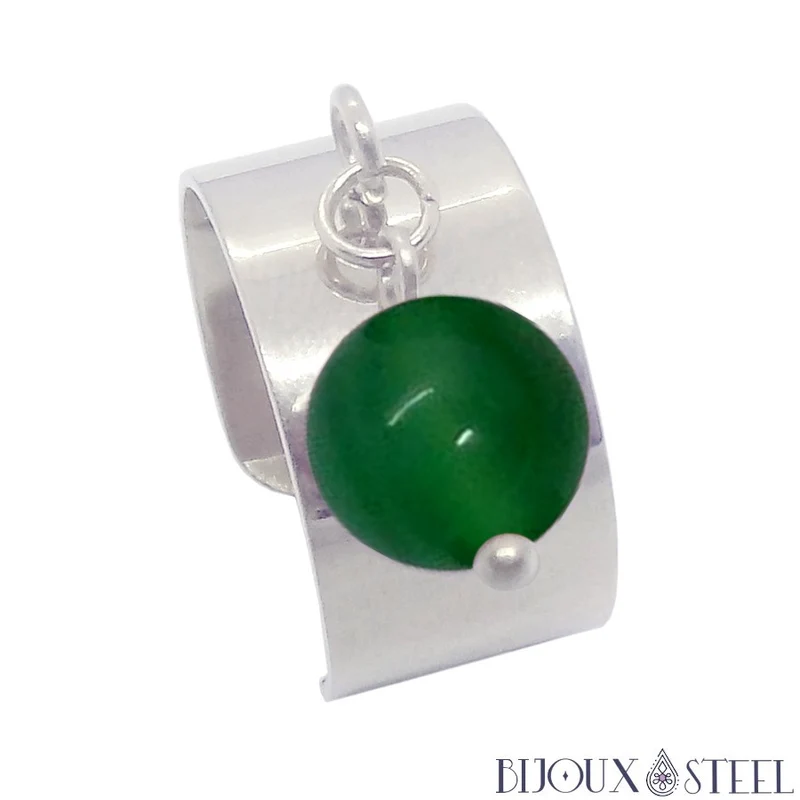 Bague large ajustable à perle d'agate verte teintée