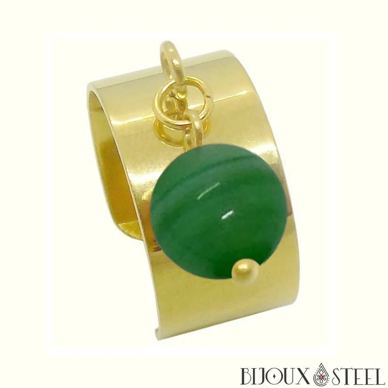 Bague large ajustable à perle d'agate verte teintée