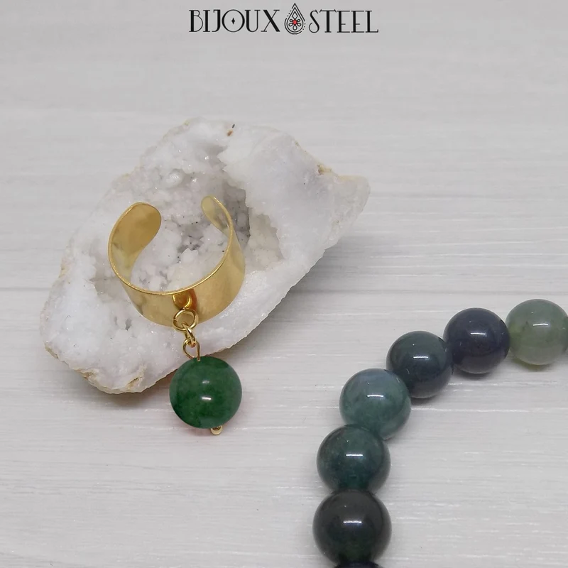 Bague large ajustable à perle d'agate mousse