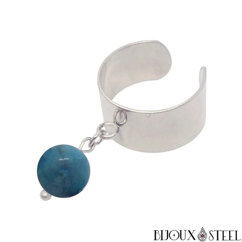 Bague large ajustable à perle d'apatite bleue