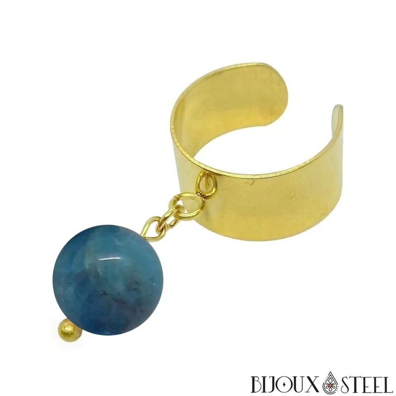Bague large ajustable à perle d'apatite bleue
