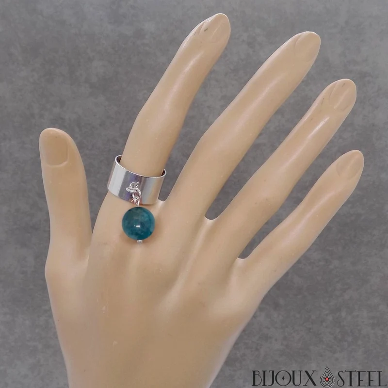 Bague large ajustable à perle d'apatite bleue