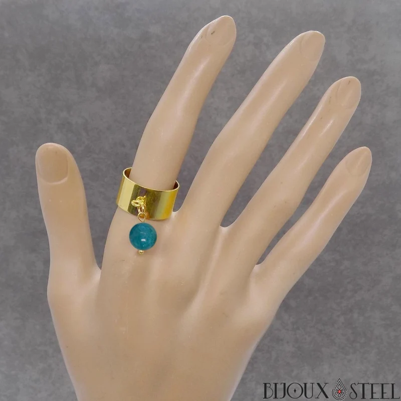 Bague large ajustable à perle d'apatite bleue