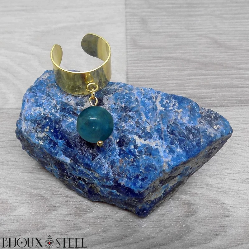 Bague large ajustable à perle d'apatite bleue