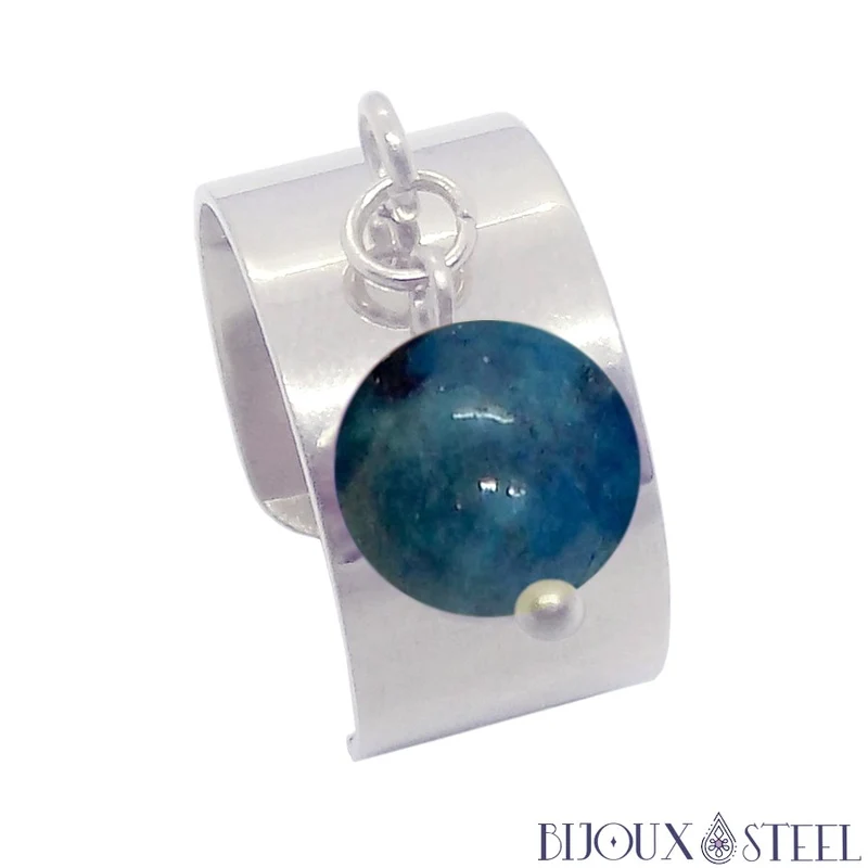 Bague large ajustable à perle d'apatite bleue