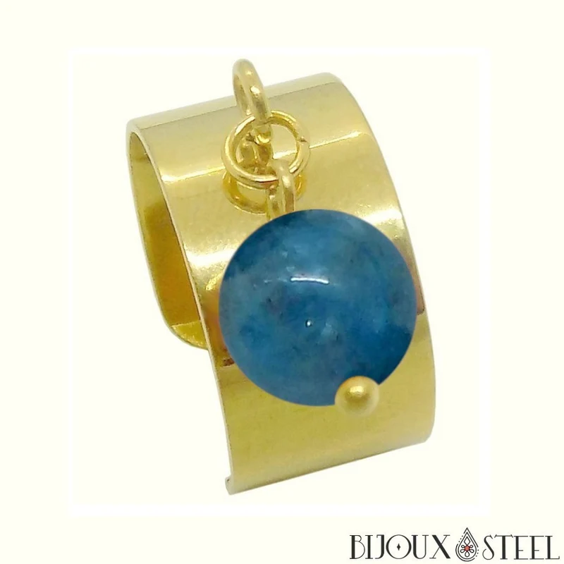 Bague large ajustable à perle d'apatite bleue