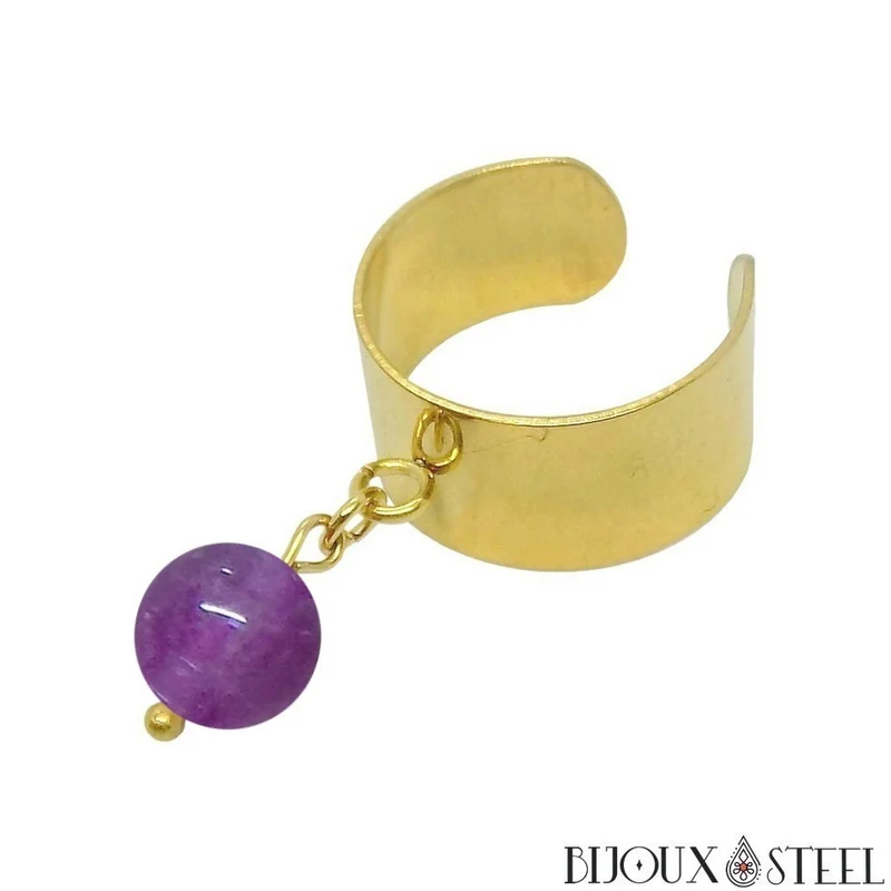 Bague large ajustable à perle d'améthyste
