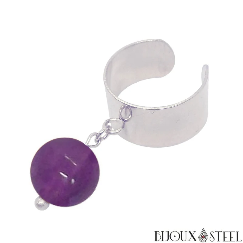 Bague large ajustable à perle d'améthyste