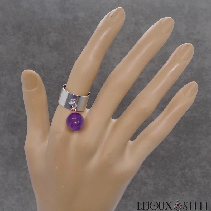 Bague large ajustable à perle d'améthyste