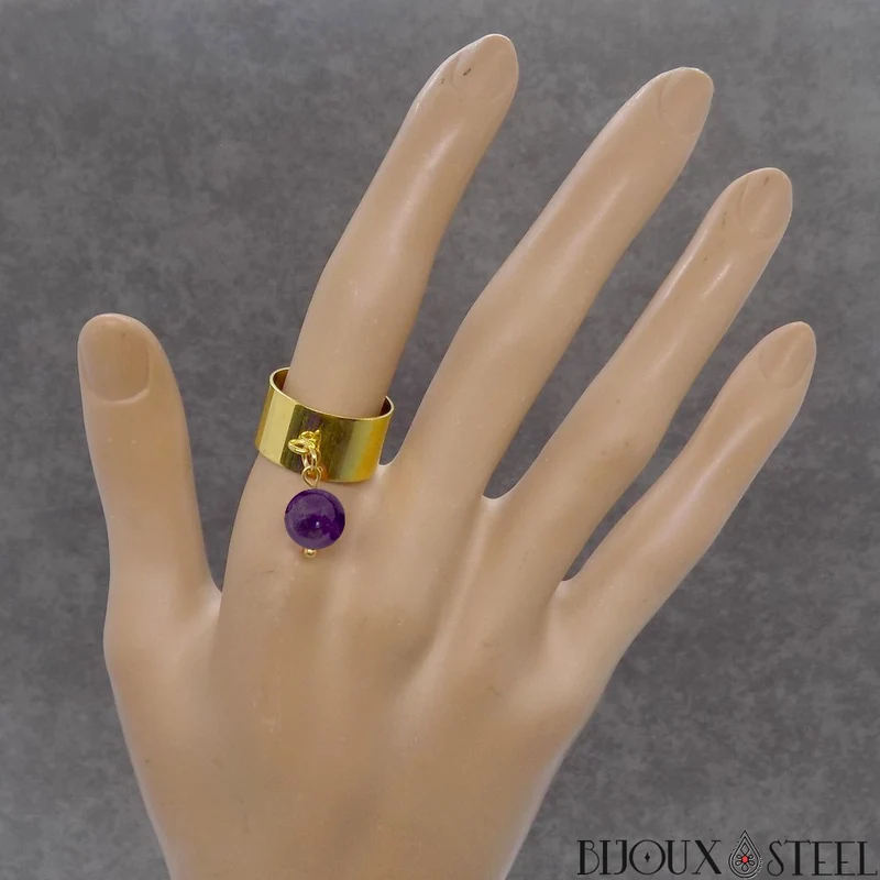 Bague large ajustable à perle d'améthyste