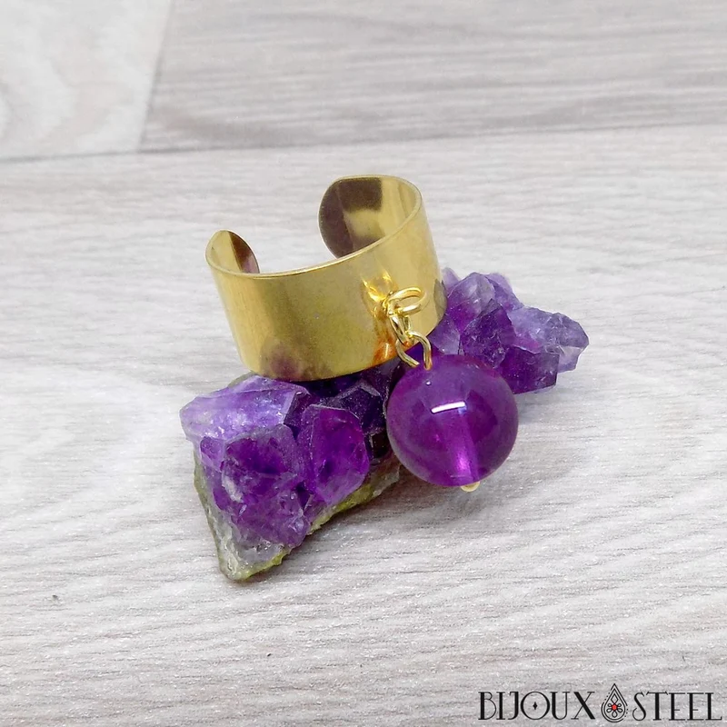 Bague large ajustable à perle d'améthyste