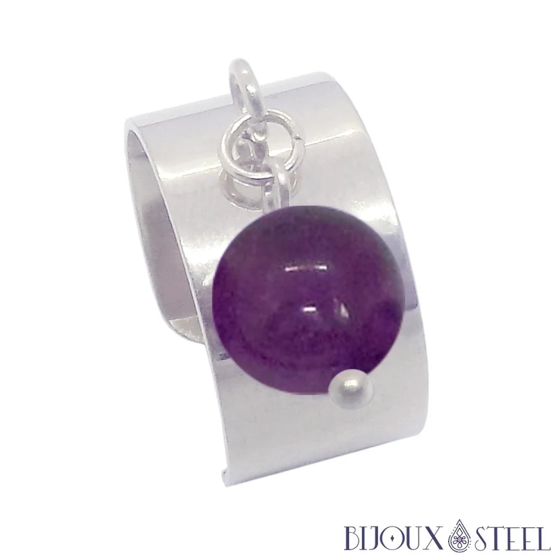 Bague large ajustable à perle d'améthyste
