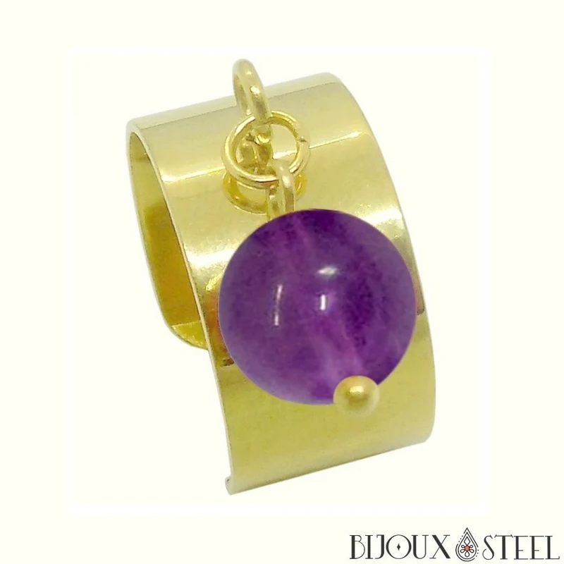 Bague large ajustable à perle d'améthyste