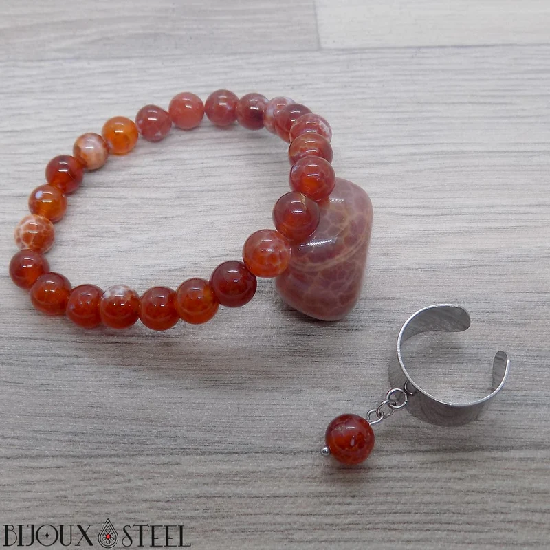 Bague large ajustable à perle d'agate de feu