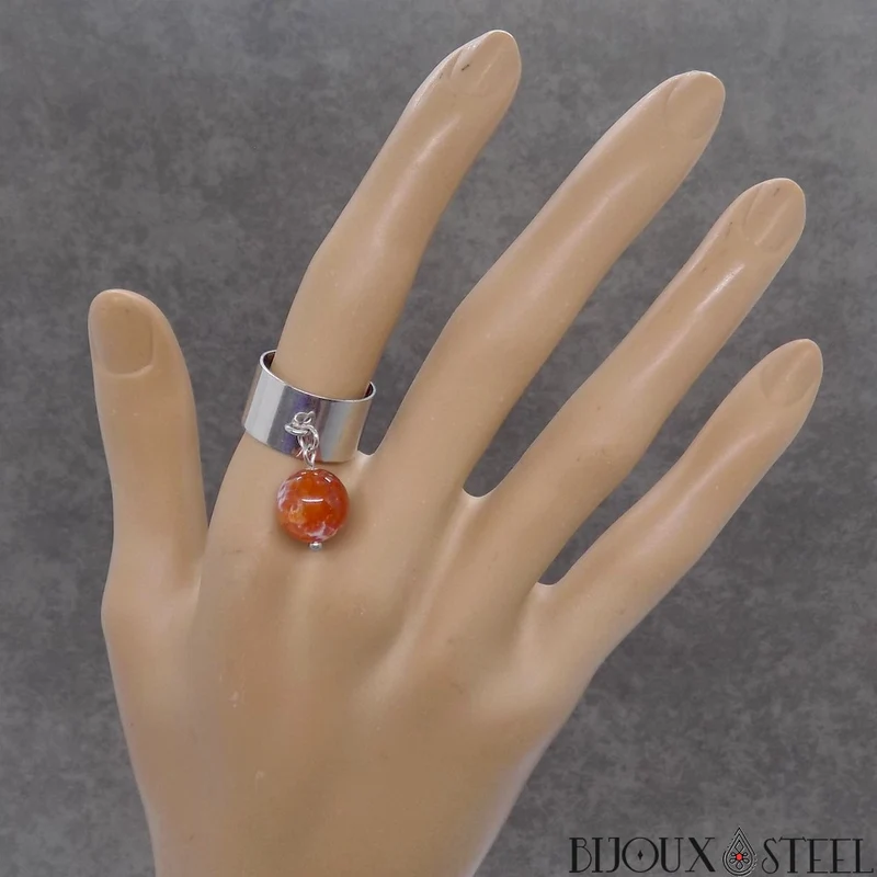 Bague large ajustable à perle d'agate de feu
