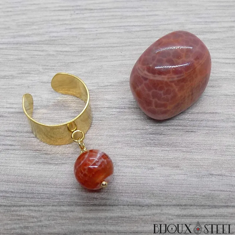 Bague large ajustable à perle d'agate de feu