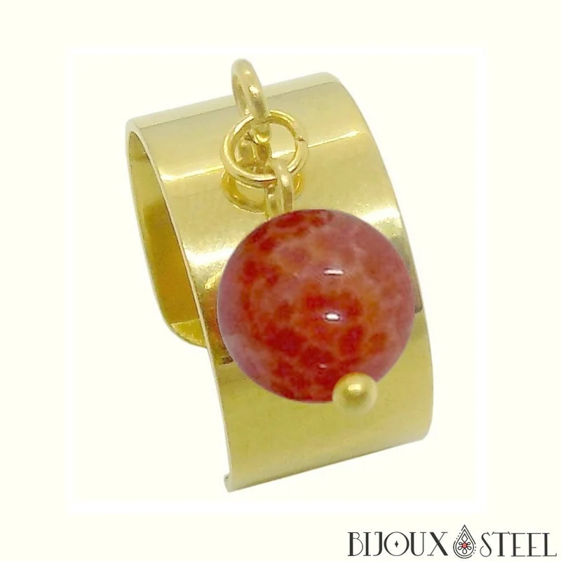 Bague large ajustable à perle d'agate de feu