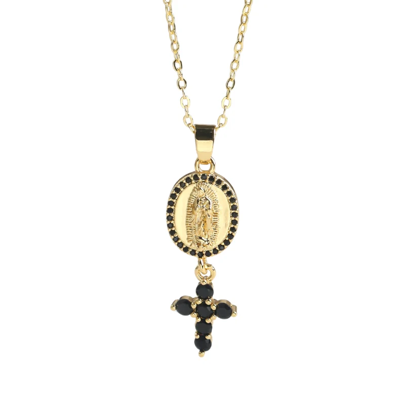 Collier Médaille Vierge et Croix Noire