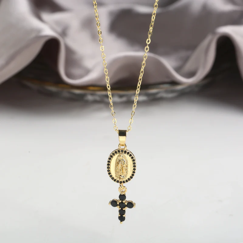 Collier Médaille Vierge et Croix Noire