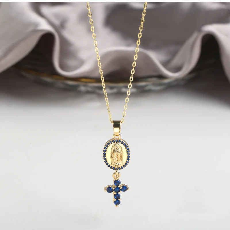 Collier Médaille Vierge et Croix Bleue