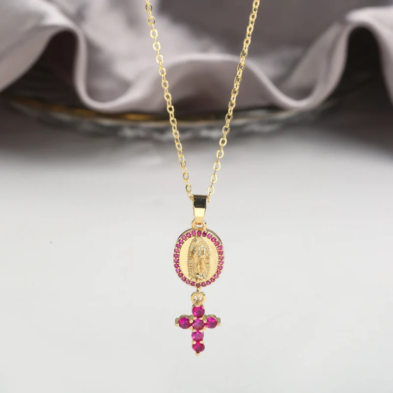 Collier Médaille Vierge et Croix Rose