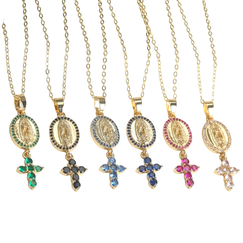 Collier Médaille Vierge et Croix Strass