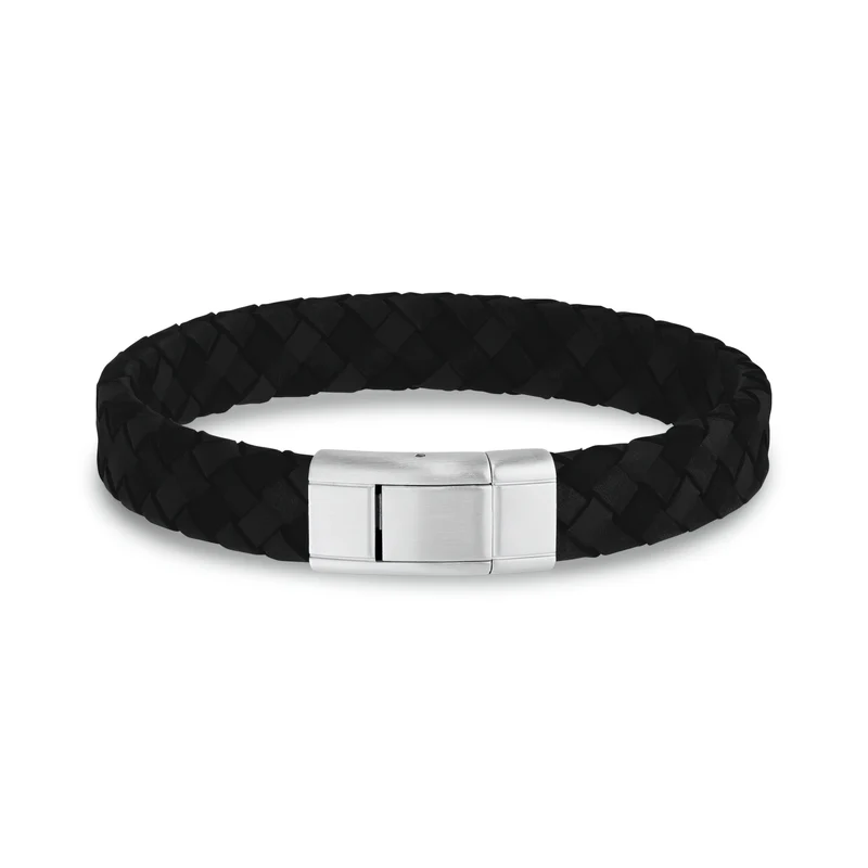 Bracelet en cuir noir avec fermoir en acier