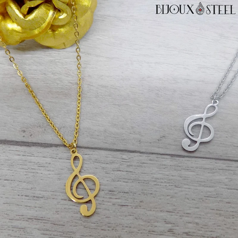 Collier à pendentif clé de sol en acier inoxydable