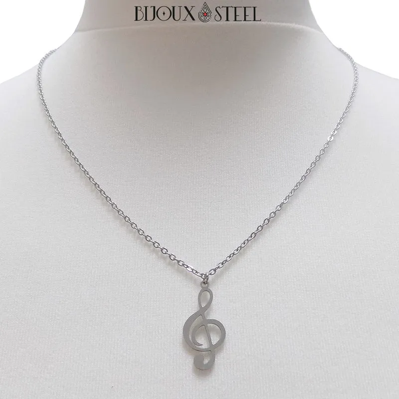 Collier à pendentif clé de sol en acier inoxydable