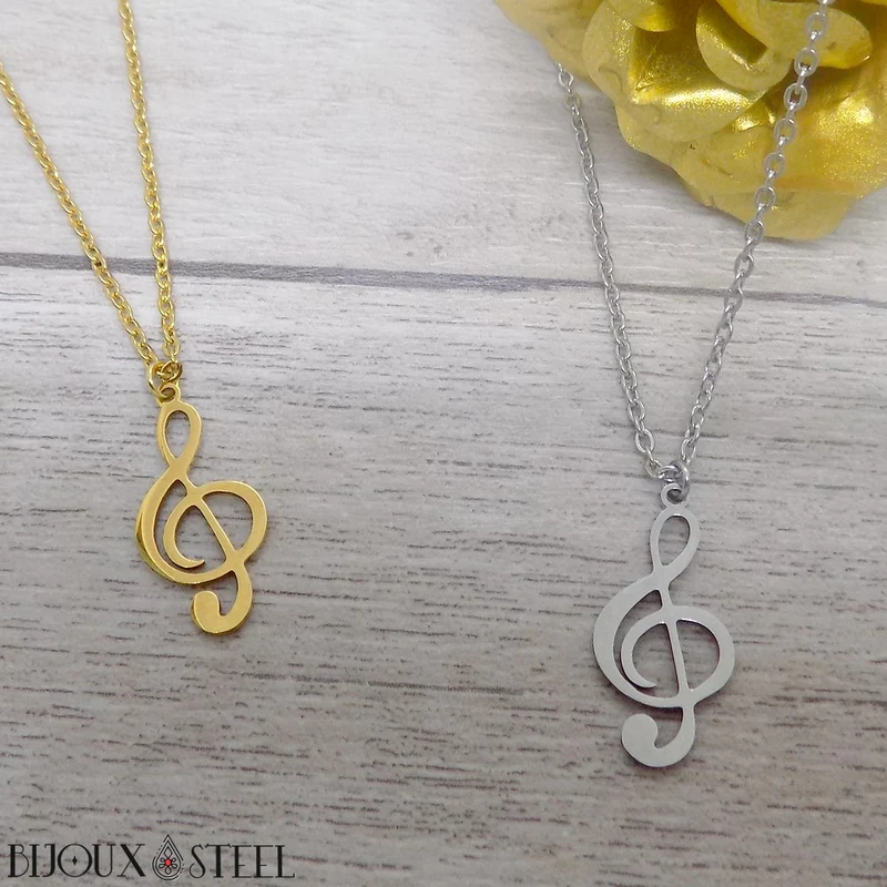 Collier à pendentif clé de sol en acier inoxydable
