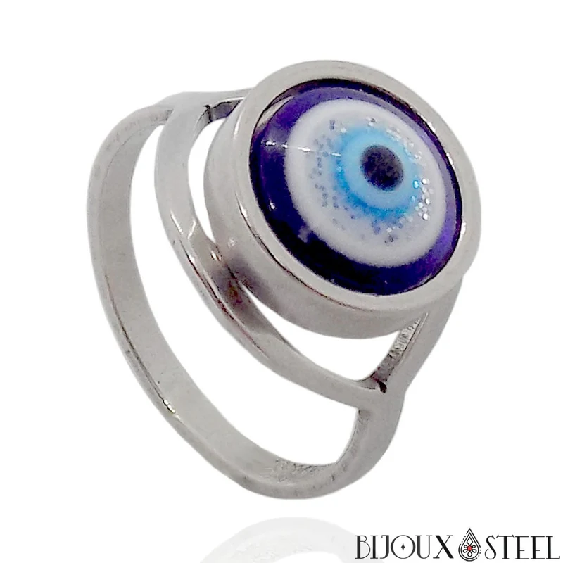 Bague mauvais oeil argentée en acier inoxydable