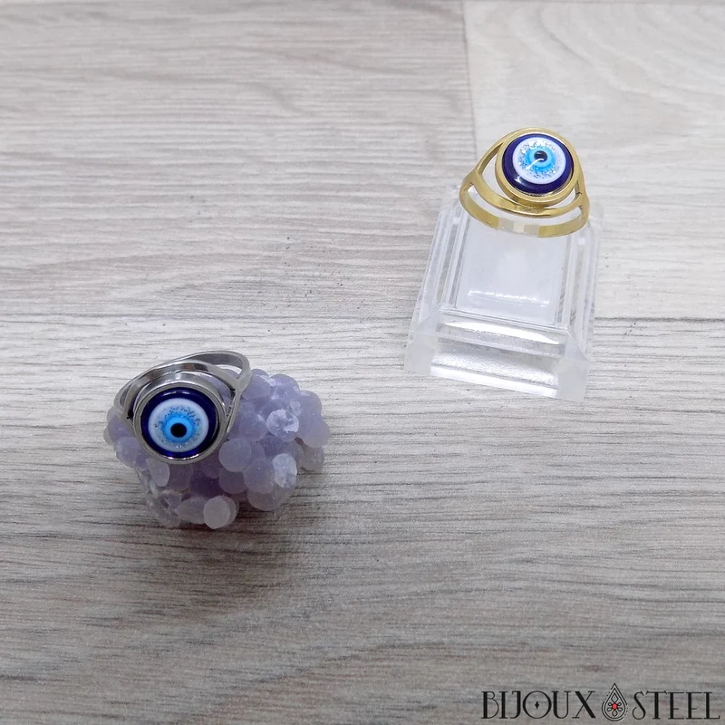 Bague mauvais oeil argentée en acier inoxydable