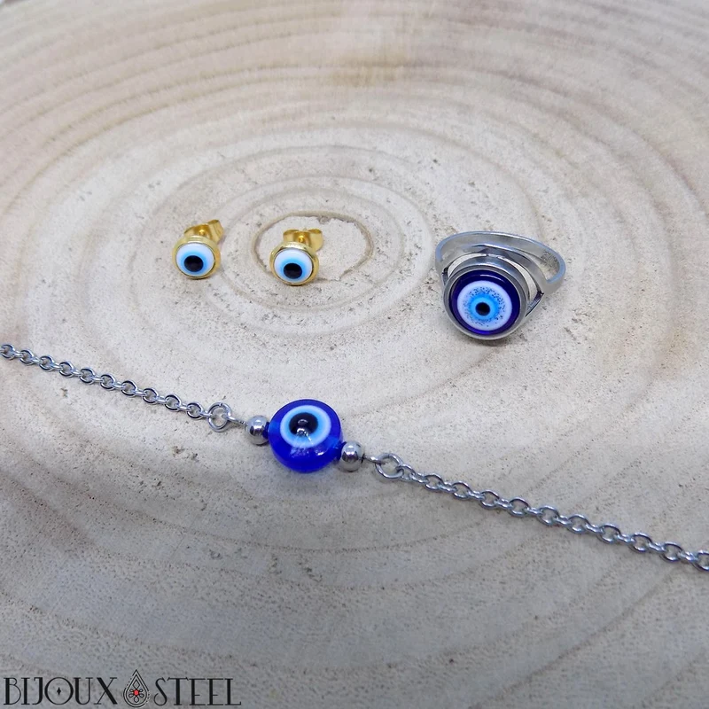 Bague mauvais oeil argentée en acier inoxydable