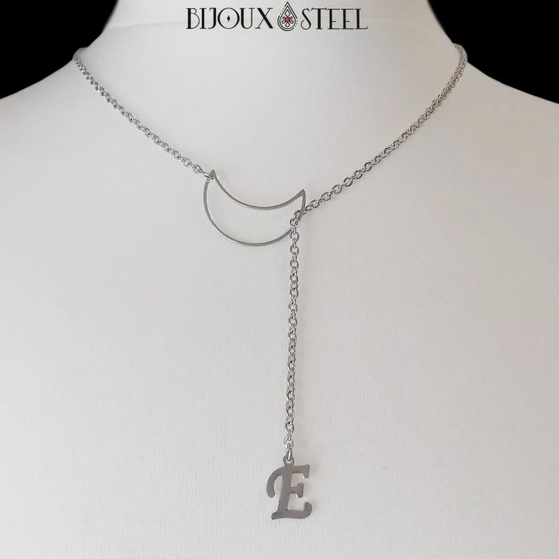 Collier Lune et son pendentif lettre en acier inoxydable