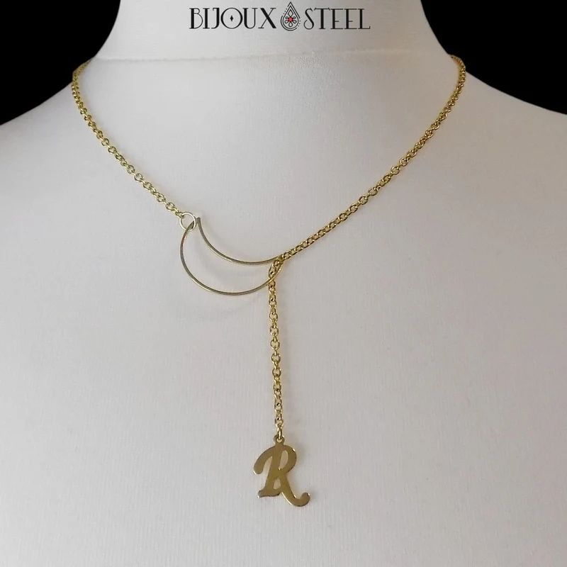 Collier Lune et son pendentif lettre en acier inoxydable