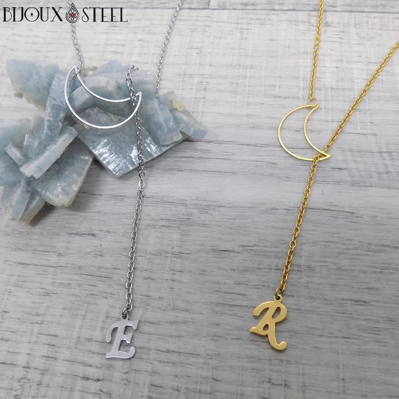 Collier Lune et son pendentif lettre en acier inoxydable